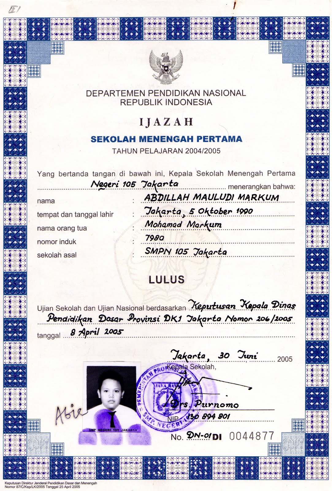 Detail Bingkai Ijazah Smp Nomer 34