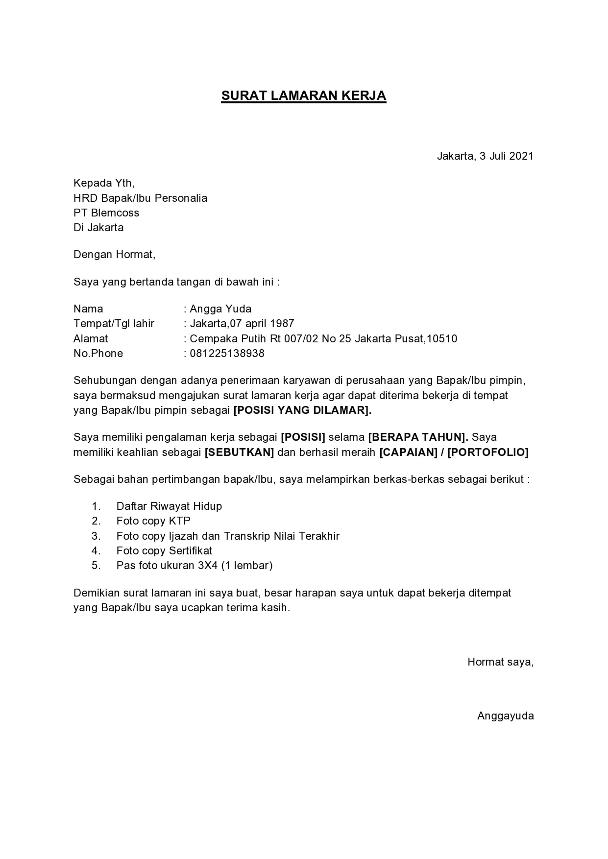 Detail Buatlah Contoh Surat Lamaran Pekerjaan Yang Baik Nomer 5