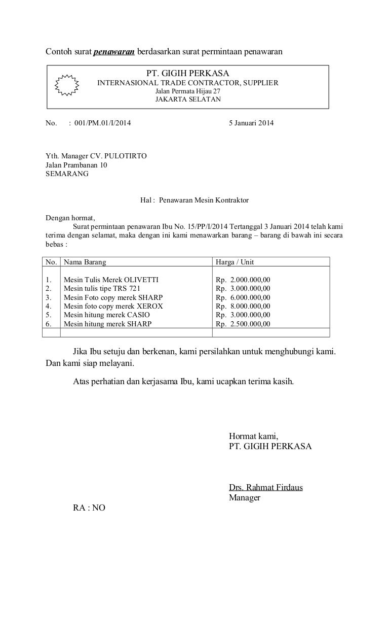 Detail Buatlah Contoh Surat Penawaran Barang Nomer 11