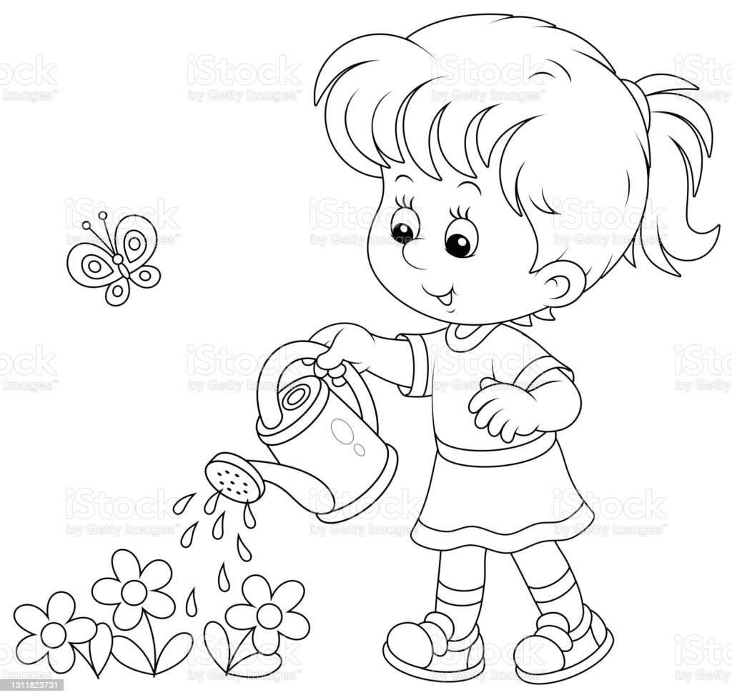 Gambar Anak Menyiram Bunga Kartun Hitam Putih - KibrisPDR