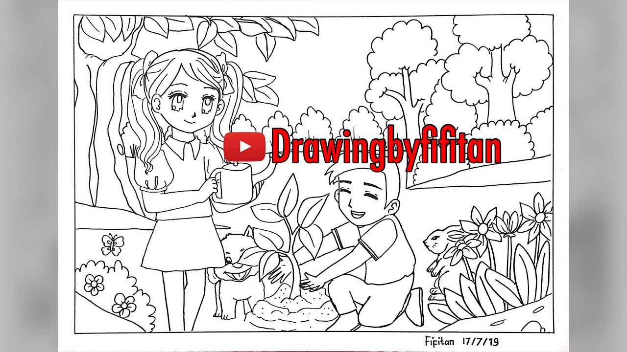 Detail Gambar Anak Menyiram Bunga Kartun Hitam Putih Nomer 38