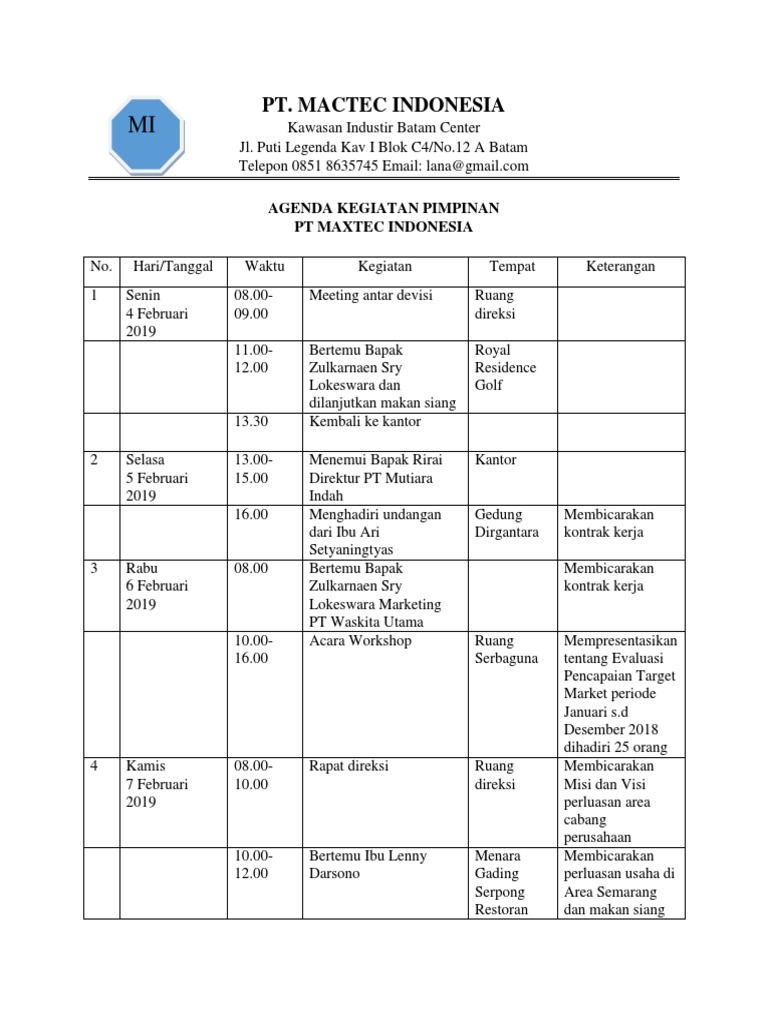 Detail Contoh Agenda Pimpinan Nomer 2