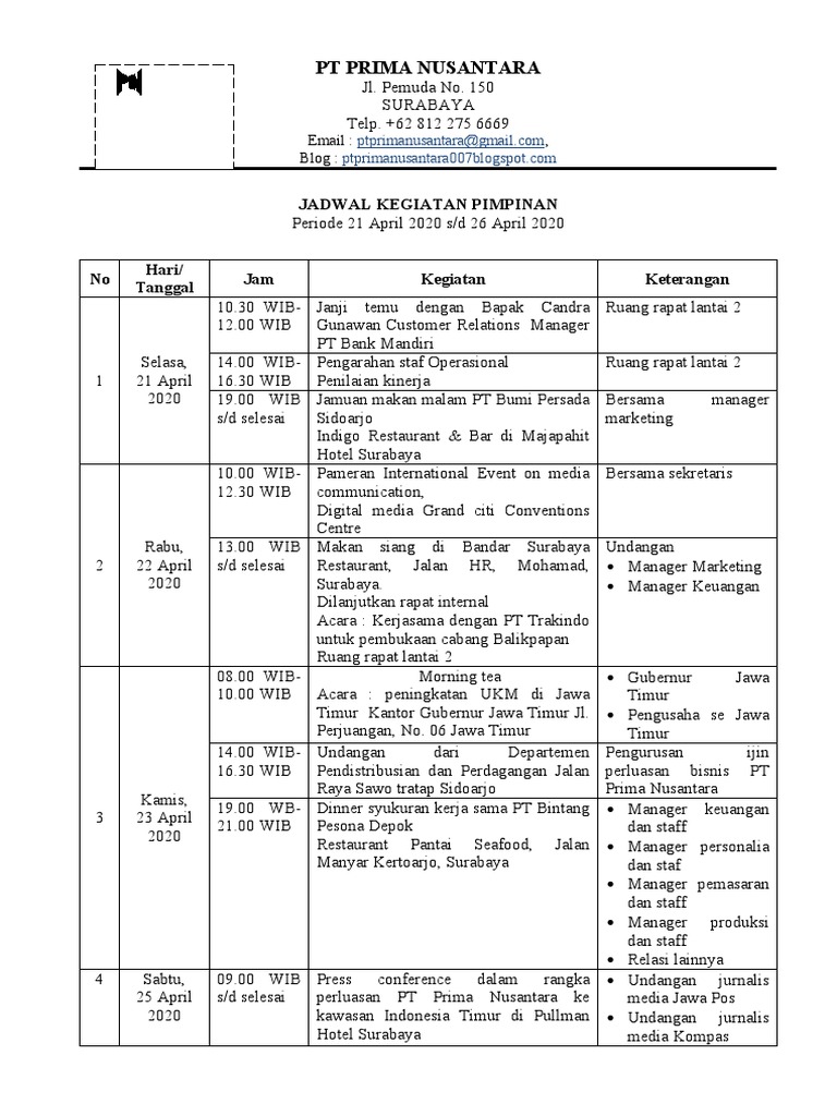 Detail Contoh Agenda Pimpinan Nomer 4