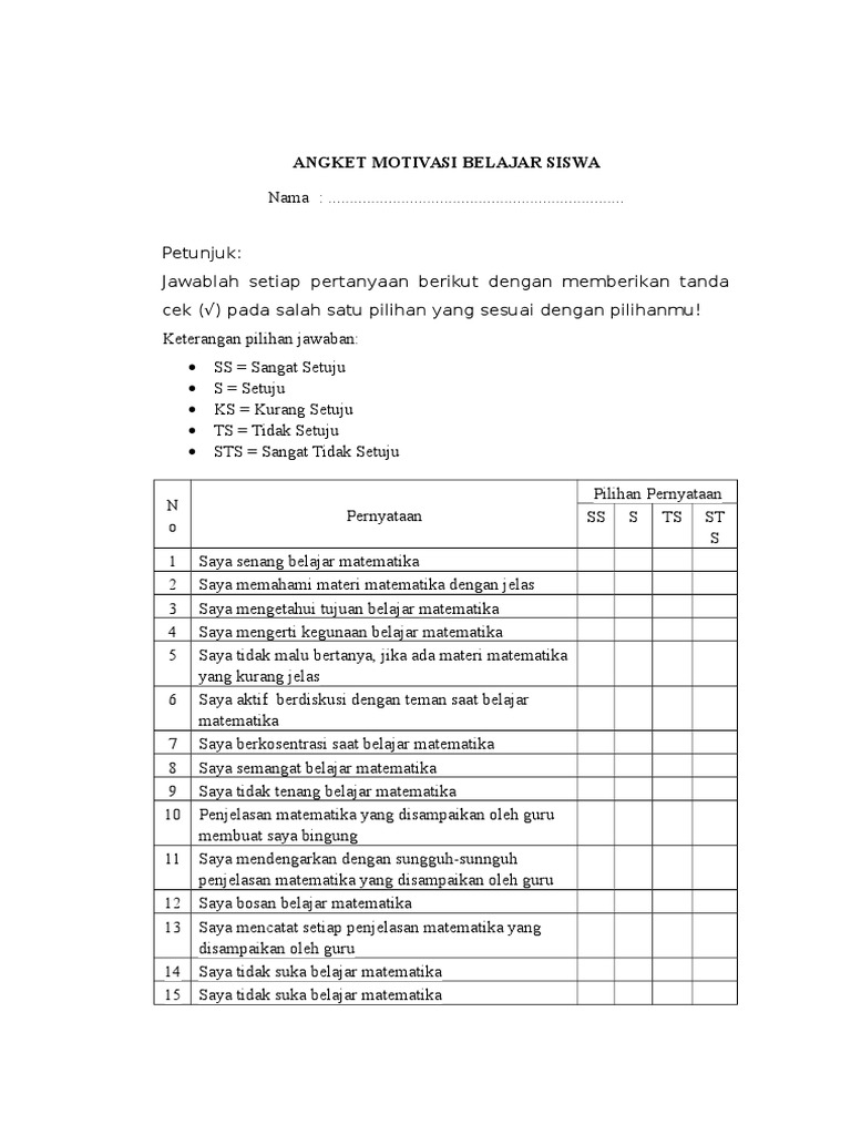 Detail Contoh Angket Motivasi Belajar Nomer 13