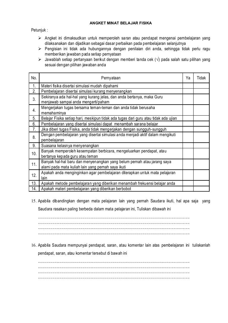 Detail Contoh Angket Penelitian Hasil Belajar Siswa Nomer 20