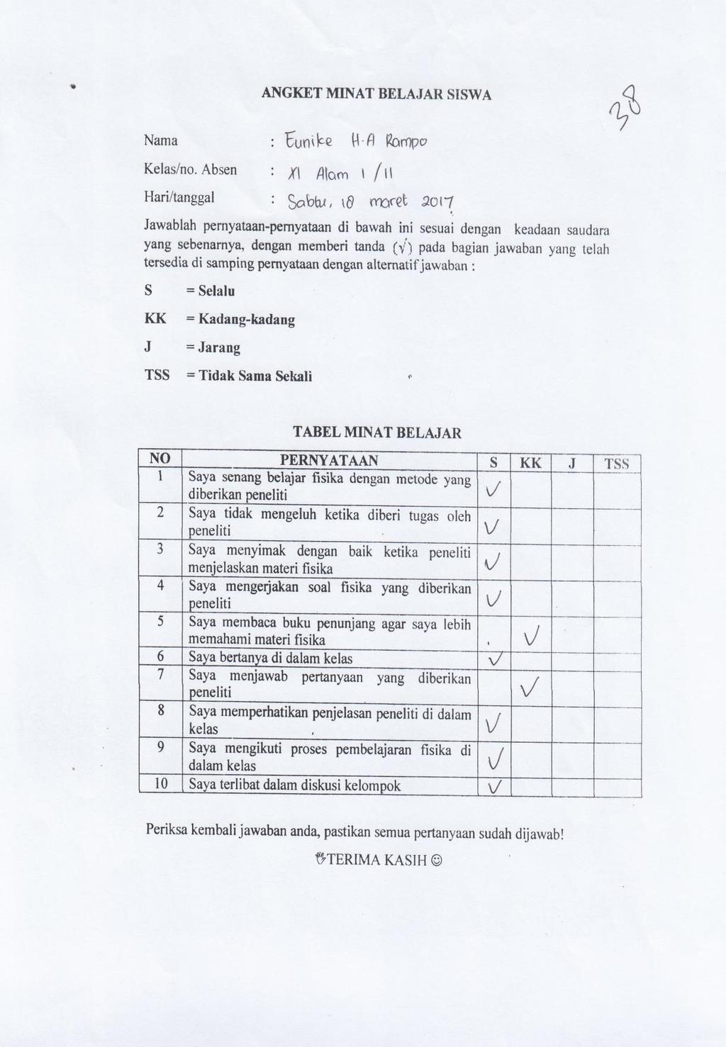 Detail Contoh Angket Penelitian Hasil Belajar Siswa Nomer 31