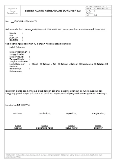 Detail Contoh Berita Acara Kehilangan Surat Jalan Nomer 13