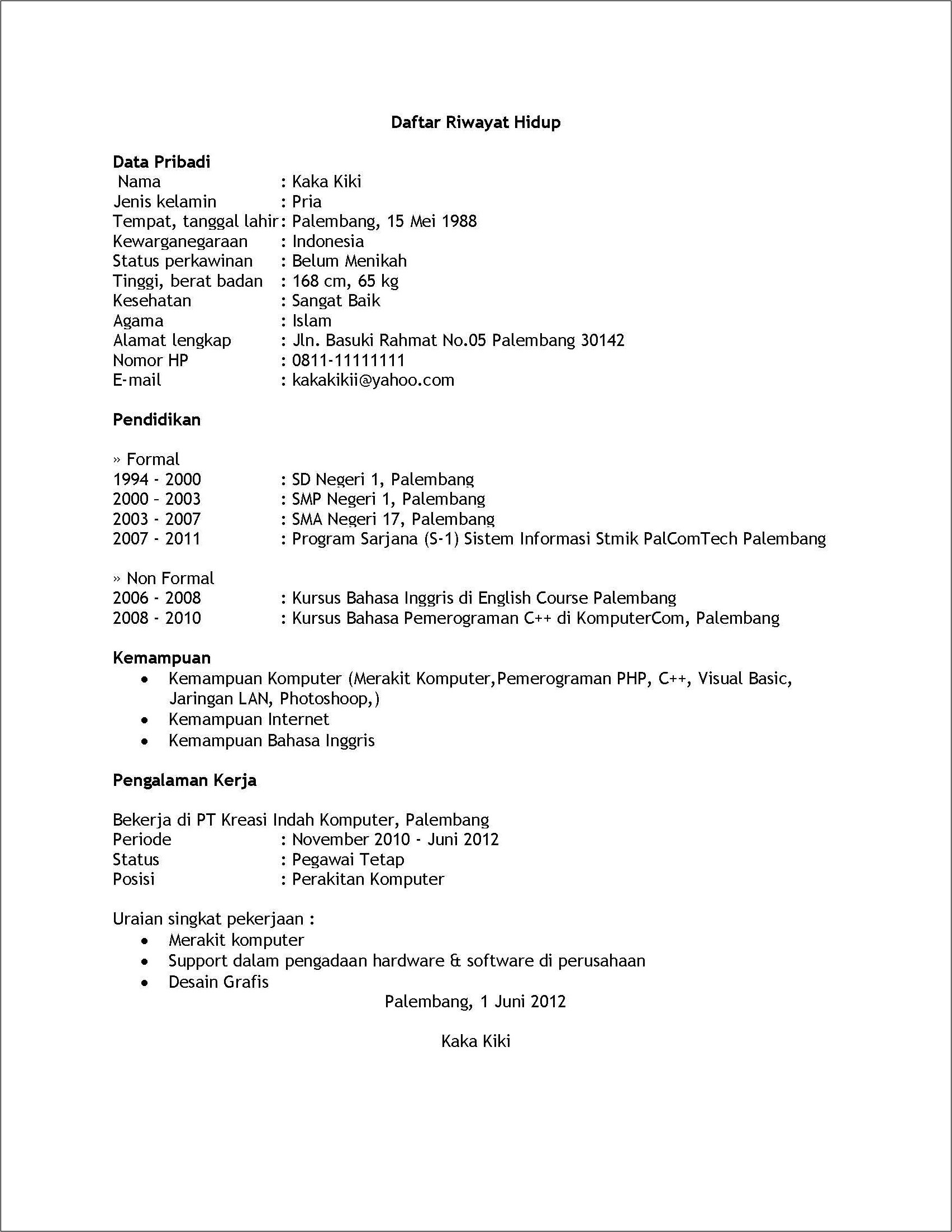 Detail Contoh Biodata Lamaran Kerja Nomer 2