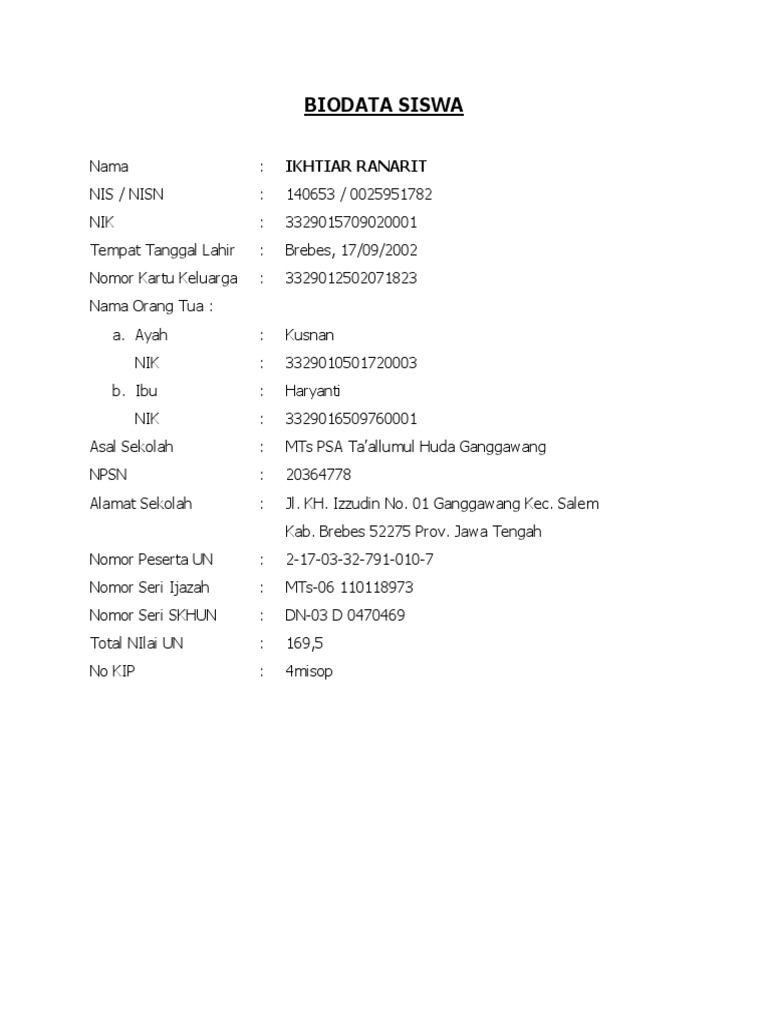 Detail Contoh Biodata Siswa Nomer 25