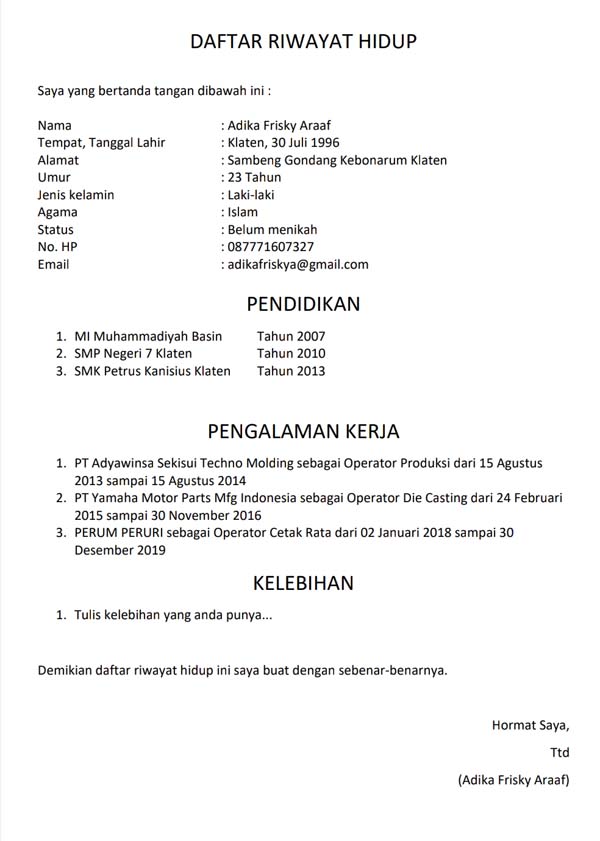 Detail Contoh Buat Surat Riwayat Hidup Nomer 23