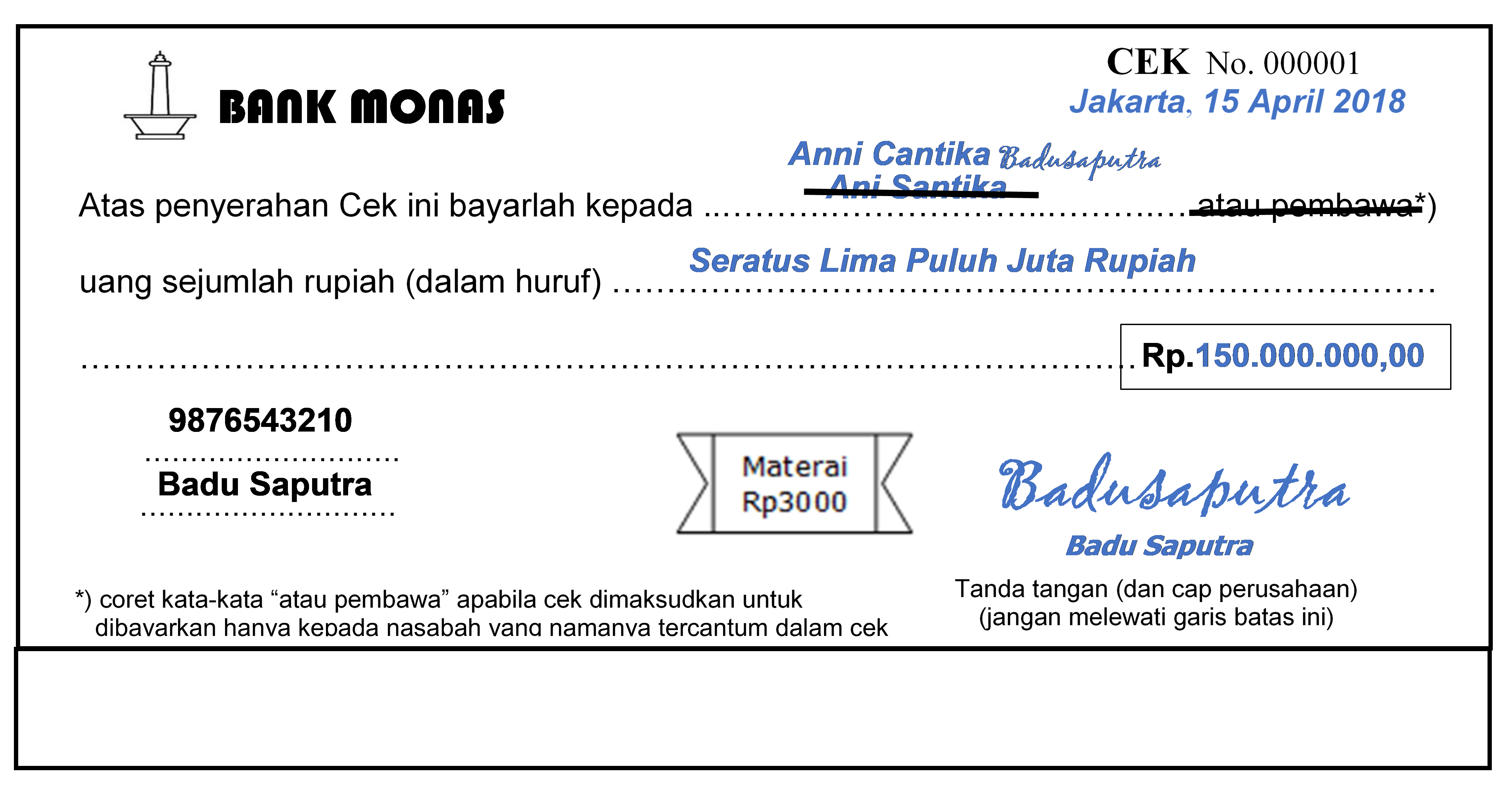 Detail Contoh Cek Atas Nama Nomer 6