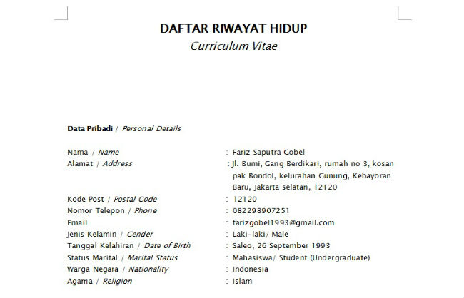 Detail Contoh Cv Riwayat Hidup Nomer 39