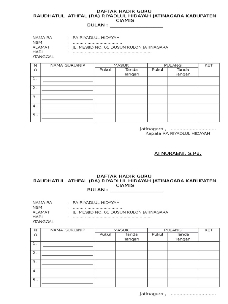 Detail Contoh Daftar Hadir Guru Nomer 29