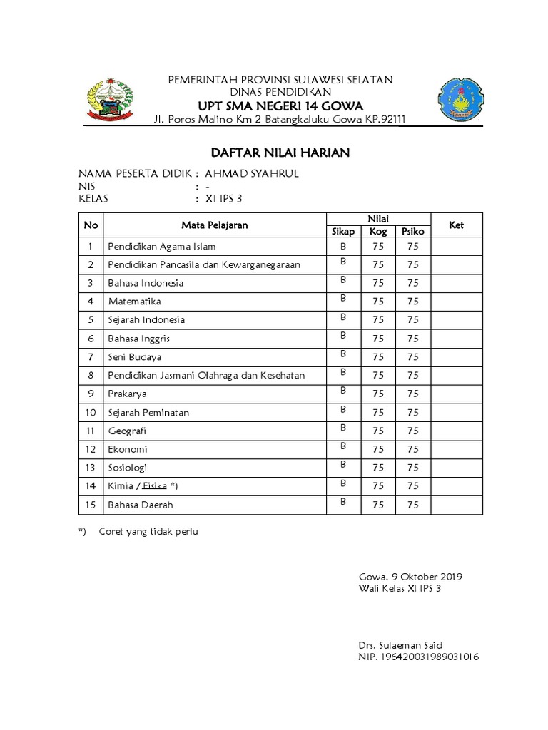 Detail Contoh Daftar Nilai Siswa Nomer 15