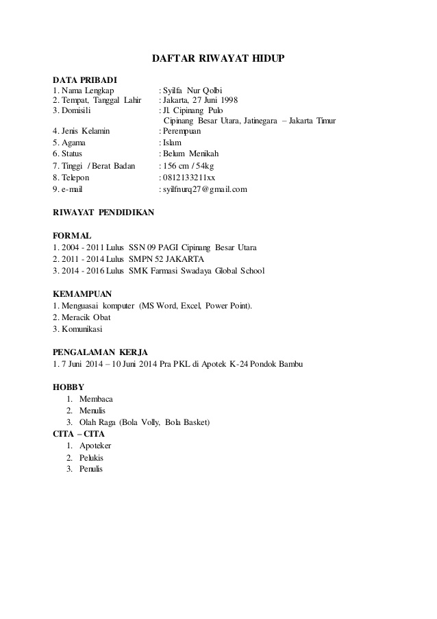 Detail Contoh Daftar Riwayat Hidup Anak Sekolah Nomer 11