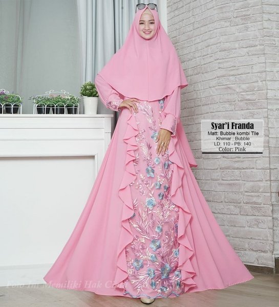 Detail Gambar Gamis Motif Bunga Warna Pink Nomer 4