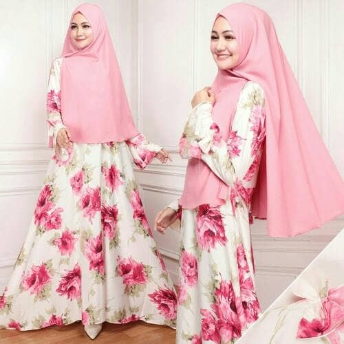 Detail Gambar Gamis Motif Bunga Warna Pink Nomer 55