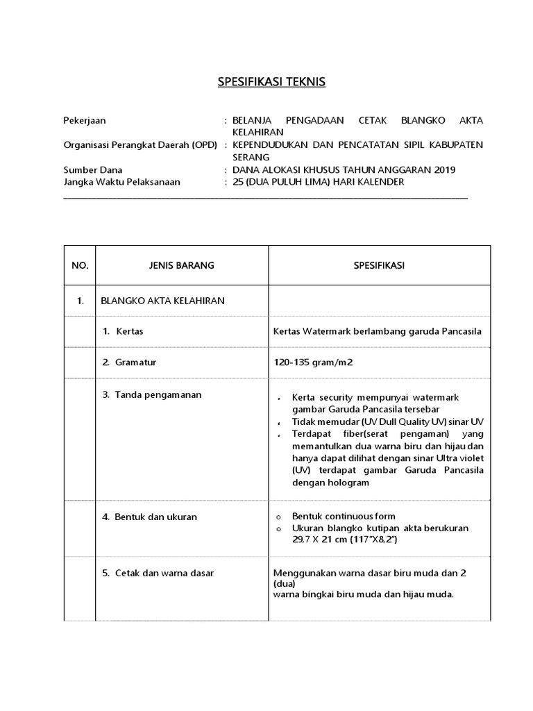 Detail Contoh Dokumen Spesifikasi Teknis Pengadaan Barang Nomer 3