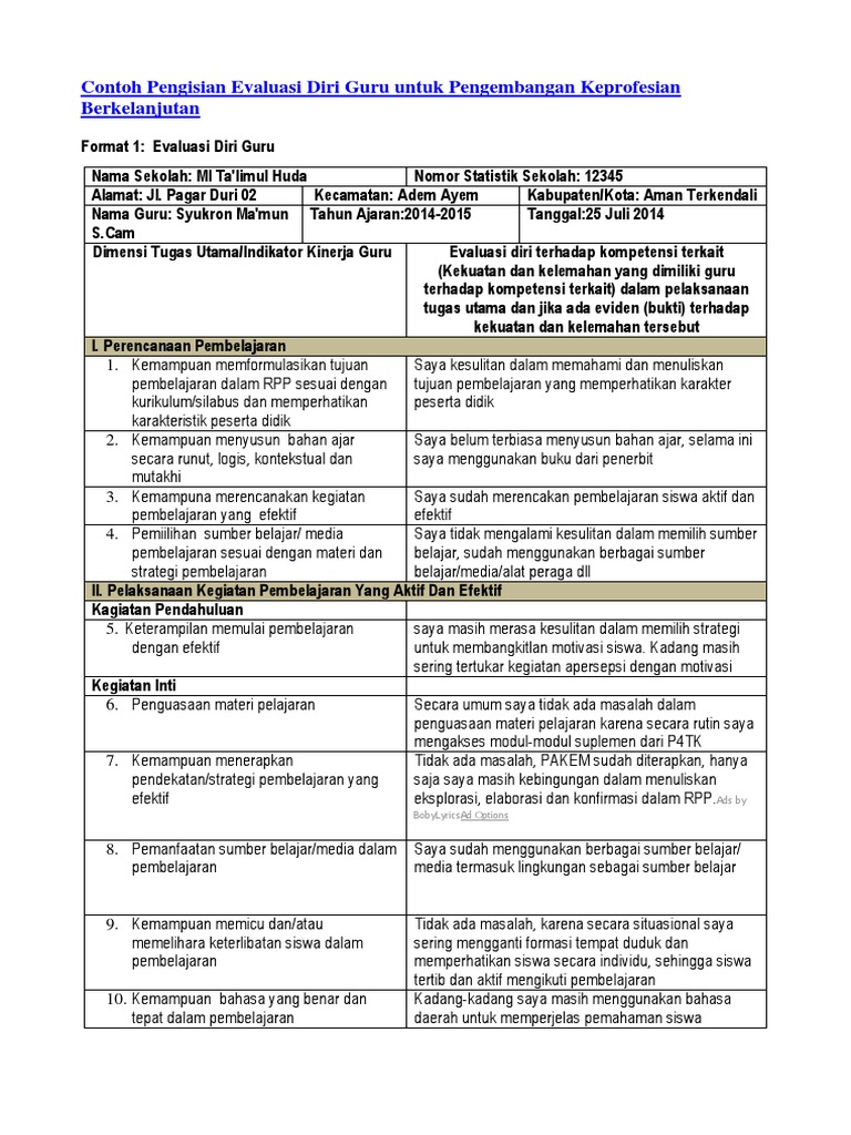 Detail Contoh Evaluasi Diri Guru Nomer 2