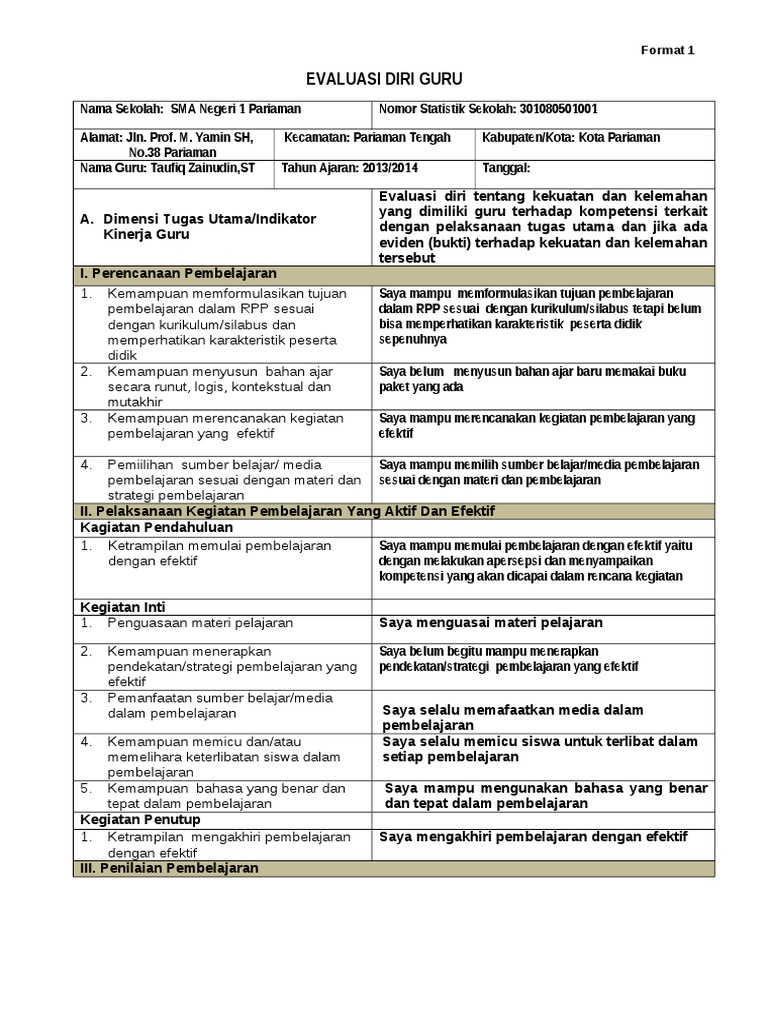 Detail Contoh Evaluasi Diri Guru Nomer 4