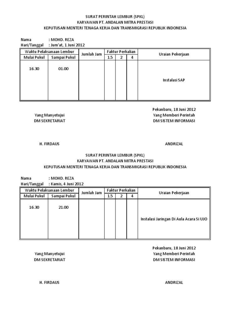 Detail Contoh Form Lembur Nomer 17