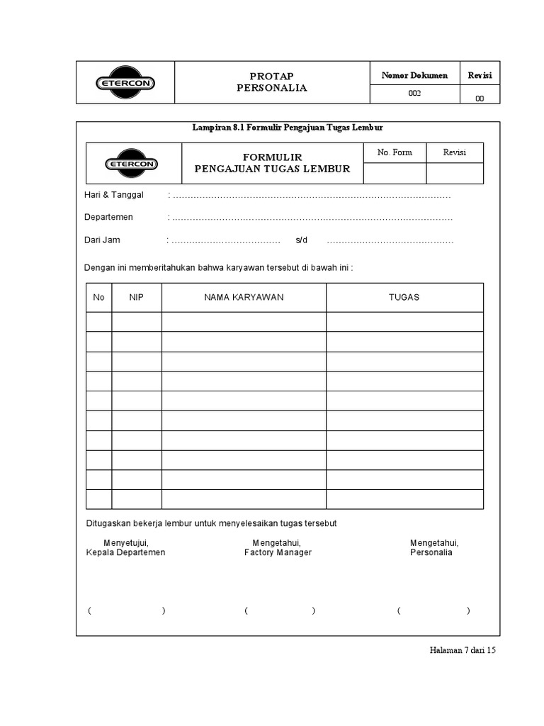 Detail Contoh Form Lembur Nomer 8