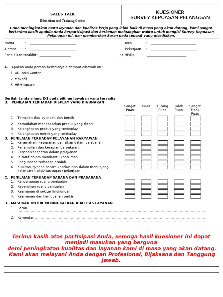 Detail Contoh Form Survey Kepuasan Pelanggan Nomer 3