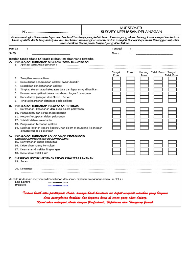 Detail Contoh Form Survey Kepuasan Pelanggan Nomer 10