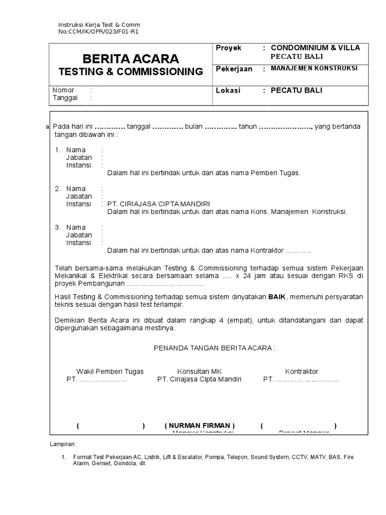 Contoh Form Test Commissioning - KibrisPDR