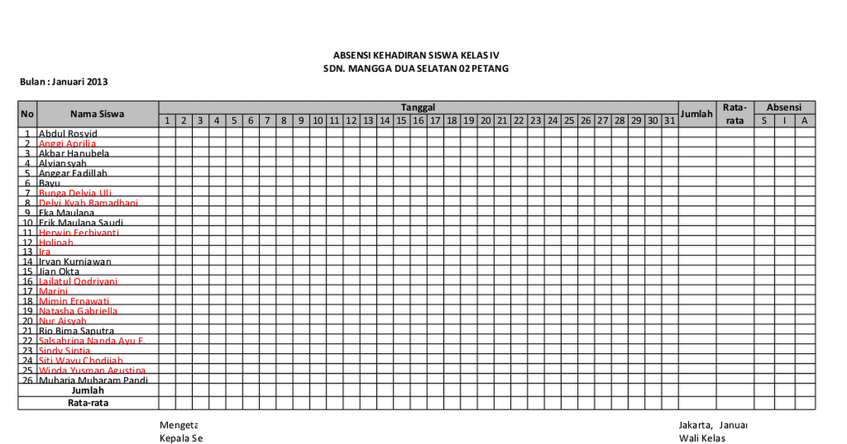 Detail Contoh Format Absen Siswa Nomer 2