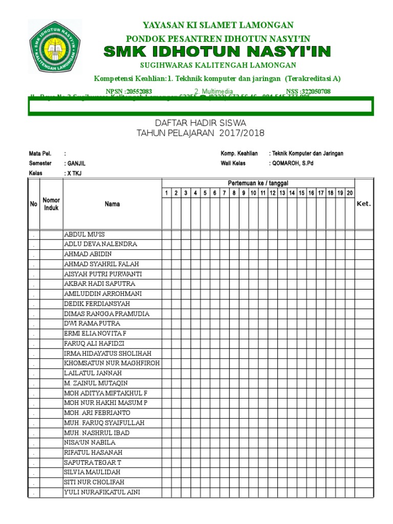 Detail Contoh Format Absen Siswa Nomer 20