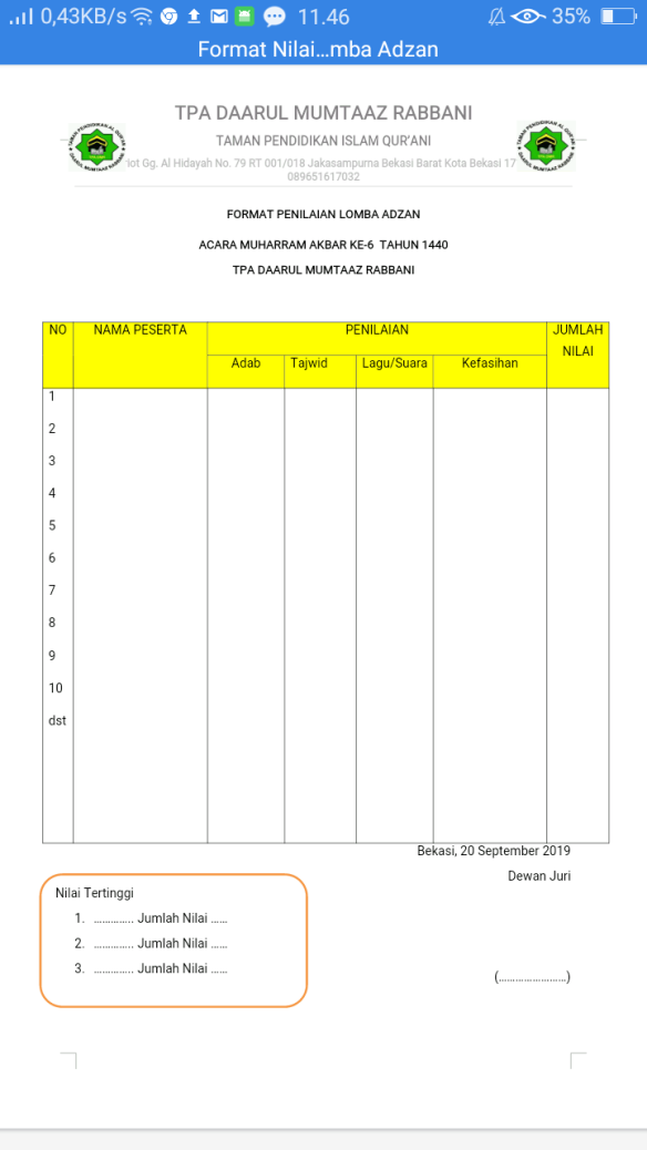 Detail Contoh Format Penilaian Nomer 18