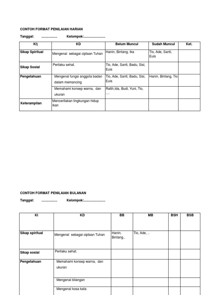 Detail Contoh Format Penilaian Nomer 20