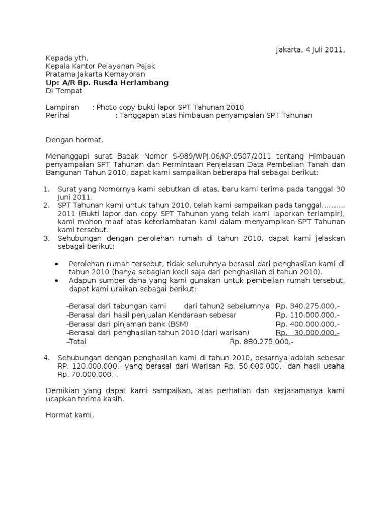 Contoh Format Surat Balasan Ke Kantor Pajak - KibrisPDR