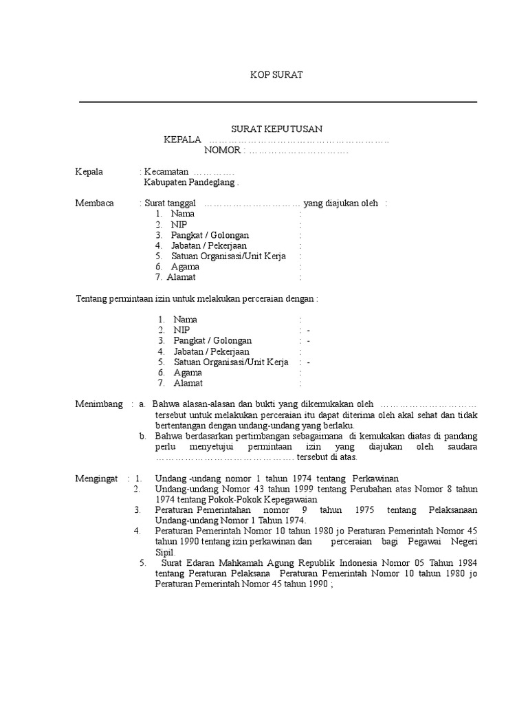 Contoh Format Surat Izin Cerai Dari Atasan Pns - KibrisPDR