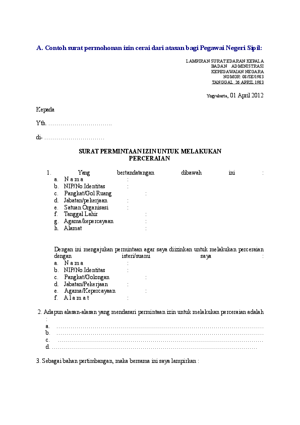 Detail Contoh Format Surat Izin Cerai Dari Atasan Pns Nomer 2