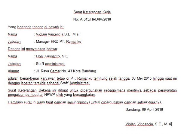 Detail Contoh Format Surat Keterangan Kerja Nomer 38