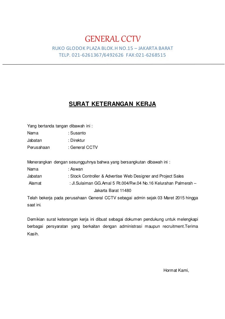 Detail Contoh Format Surat Keterangan Kerja Nomer 9