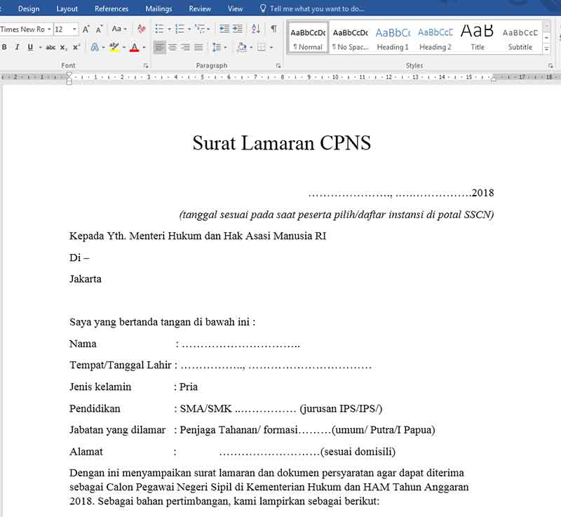 Detail Contoh Format Surat Lamaran Cpns 2018 Nomer 53