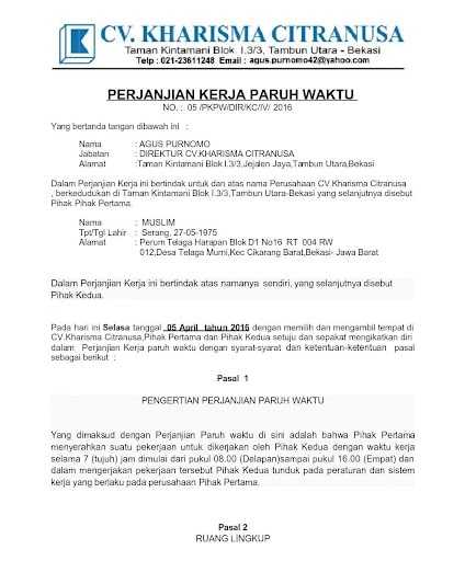 Detail Contoh Format Surat Perjanjian Kerja Nomer 33