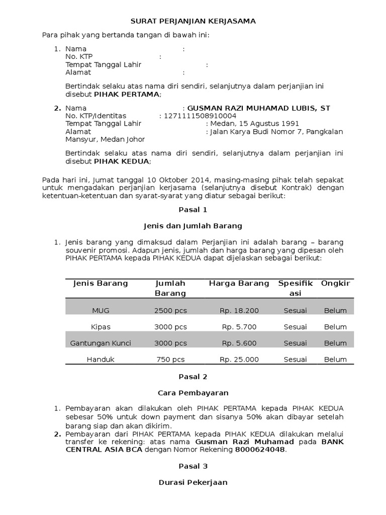 Detail Contoh Format Surat Perjanjian Kerja Nomer 35