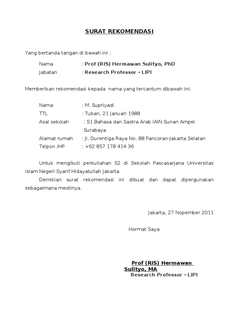 Detail Contoh Format Surat Rekomendasi Beasiswa Nomer 31