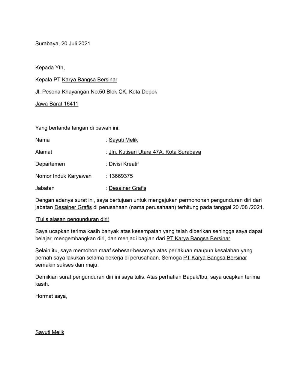 Detail Contoh Format Surat Resign Nomer 45