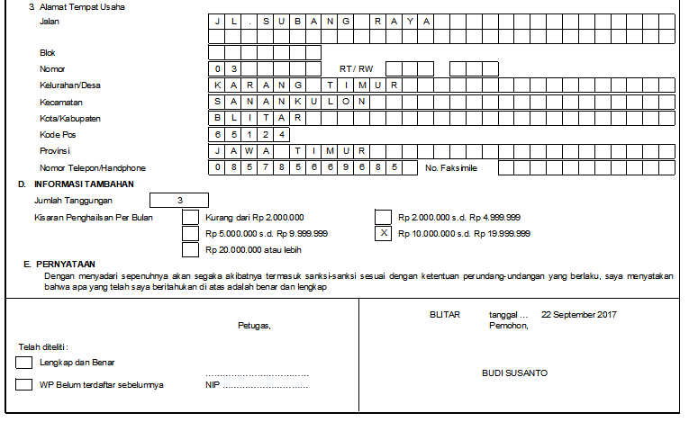 Detail Contoh Formulir Npwp Yang Sudah Diisi Nomer 6