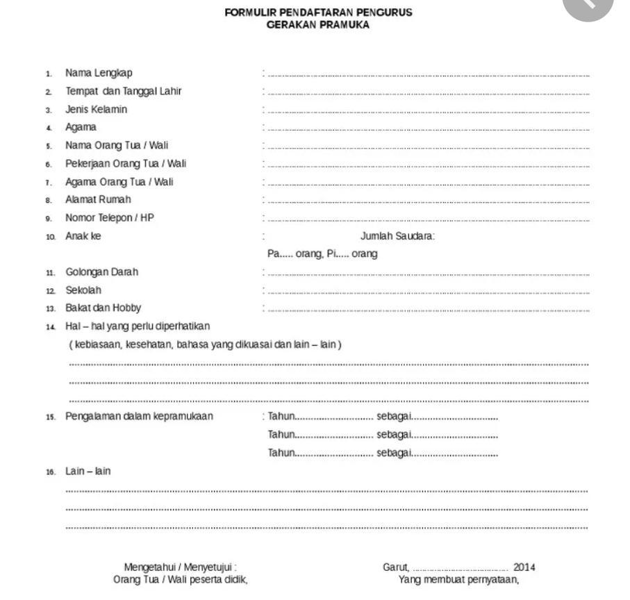 Detail Contoh Formulir Pendaftaran Anggota Pramuka Nomer 13