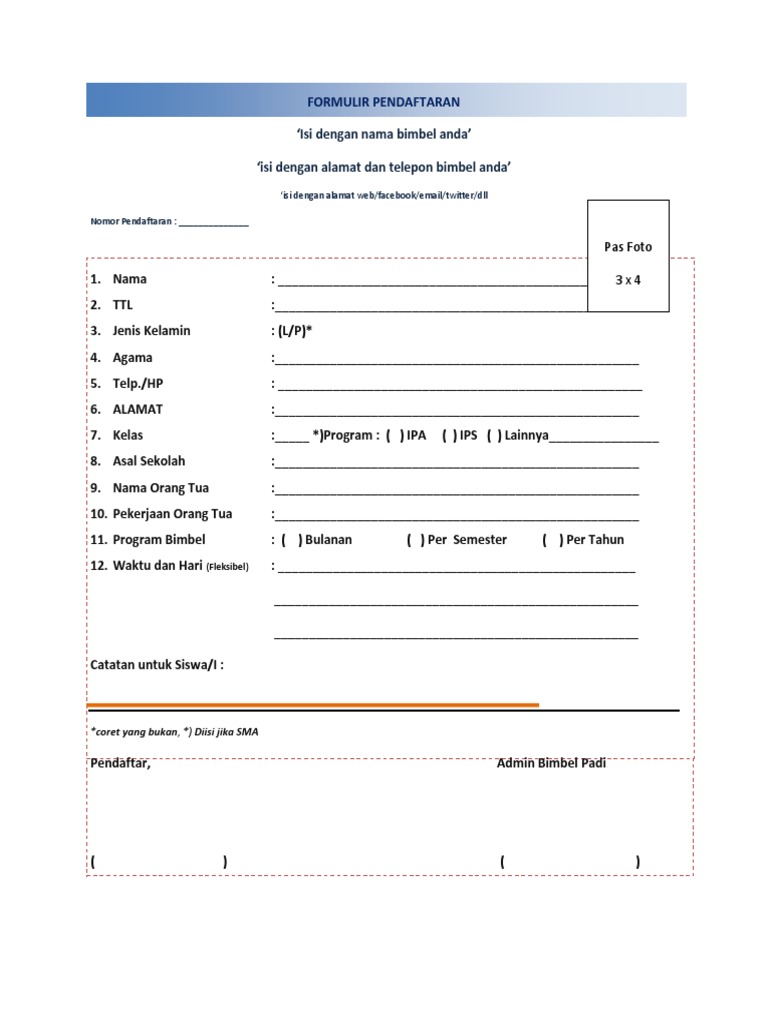 Contoh Formulir Pendaftaran Bimbel - KibrisPDR