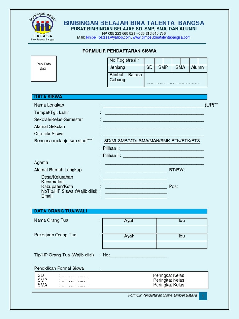 Detail Contoh Formulir Pendaftaran Bimbel Nomer 9