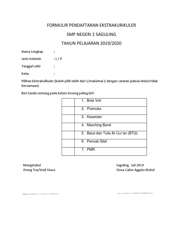 Detail Contoh Formulir Pendaftaran Ekskul Nomer 7