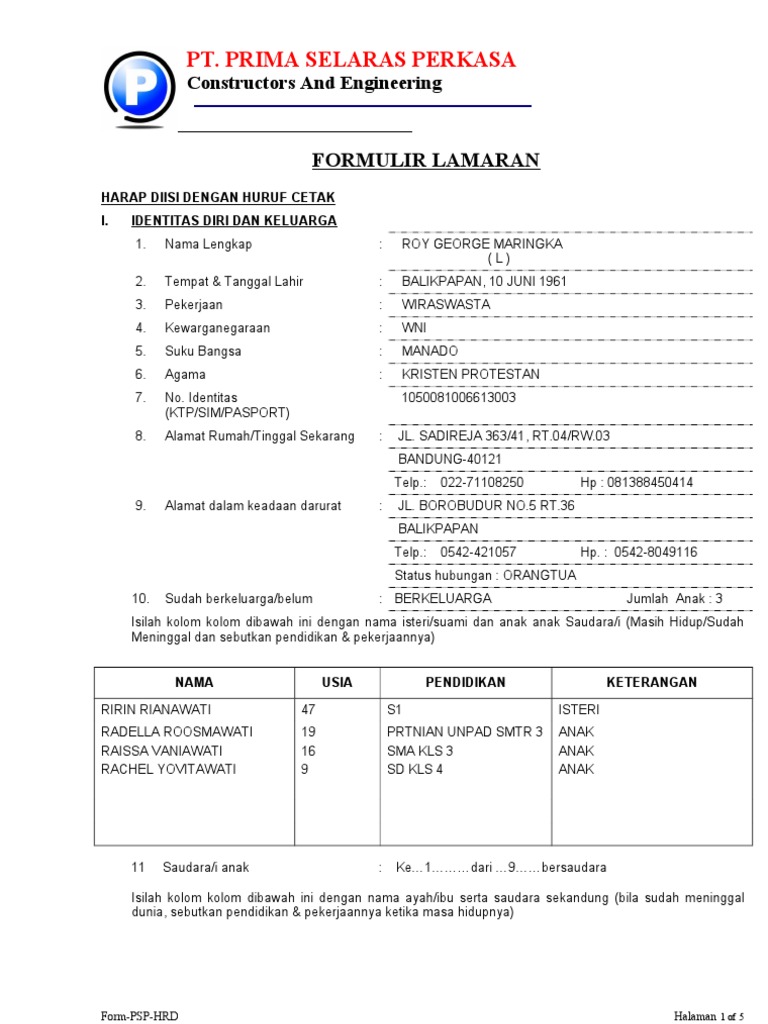 Detail Contoh Formulir Pendaftaran Kerja Nomer 2