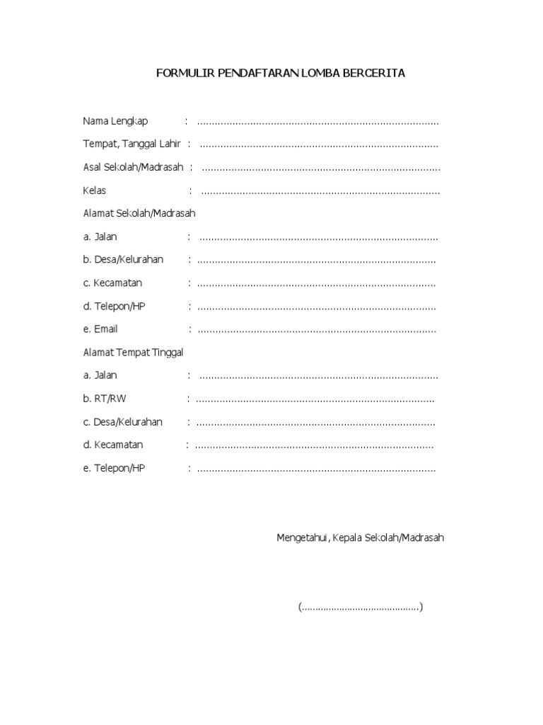 Detail Contoh Formulir Pendaftaran Lomba Nomer 5